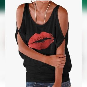 Red Lips Cold Shoulder Shirt With Ruched Sides